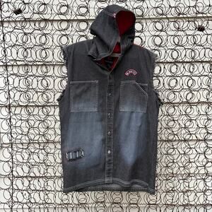 Bugle Boy Shirt Hoodie Raw Seams Sleeveless Black Denim Grunge Punk Biker MEDIUM